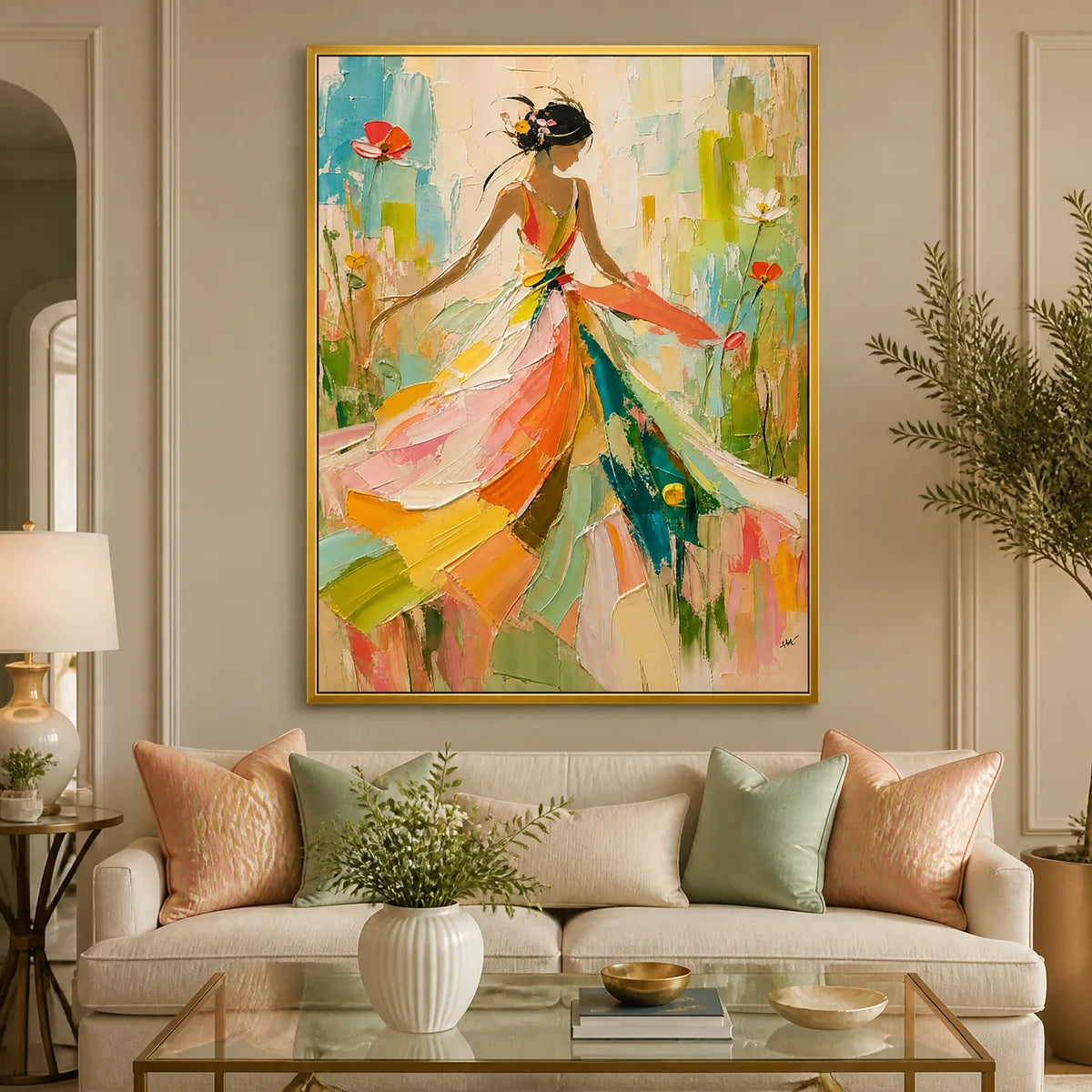 Summer Muse: Colorful Figure Wall Art - living room gold frame