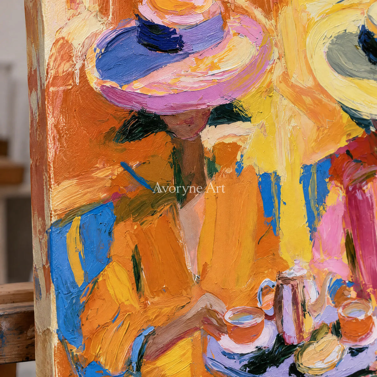 Ivory Winding Gesture: Sunlit Dining Figures — detail easel