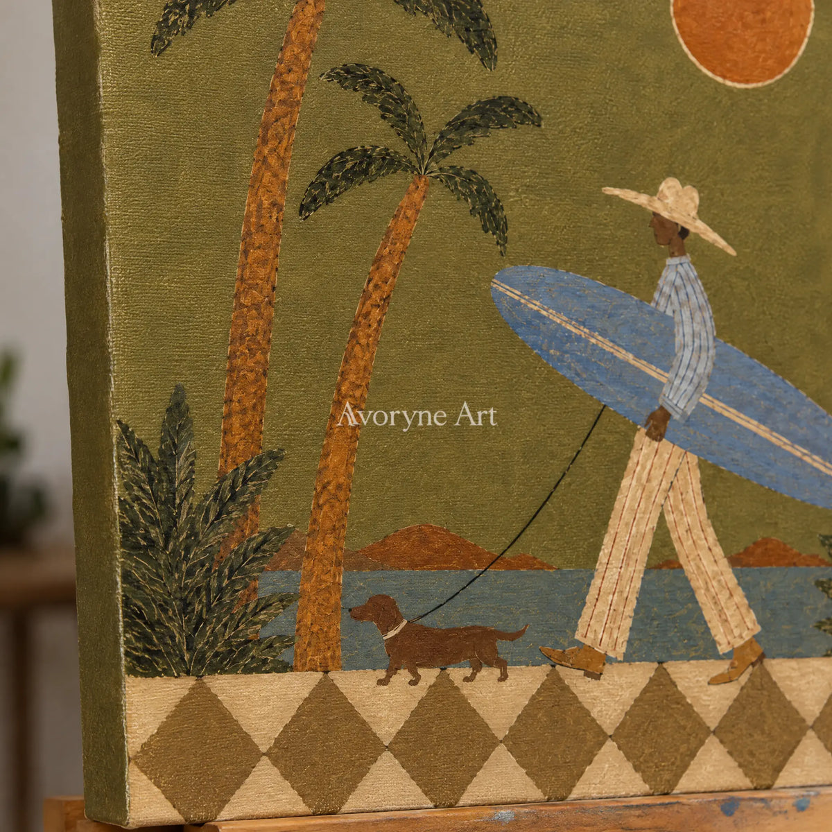 Ivory Open Drift: Sunset Surfer Art — detail easel