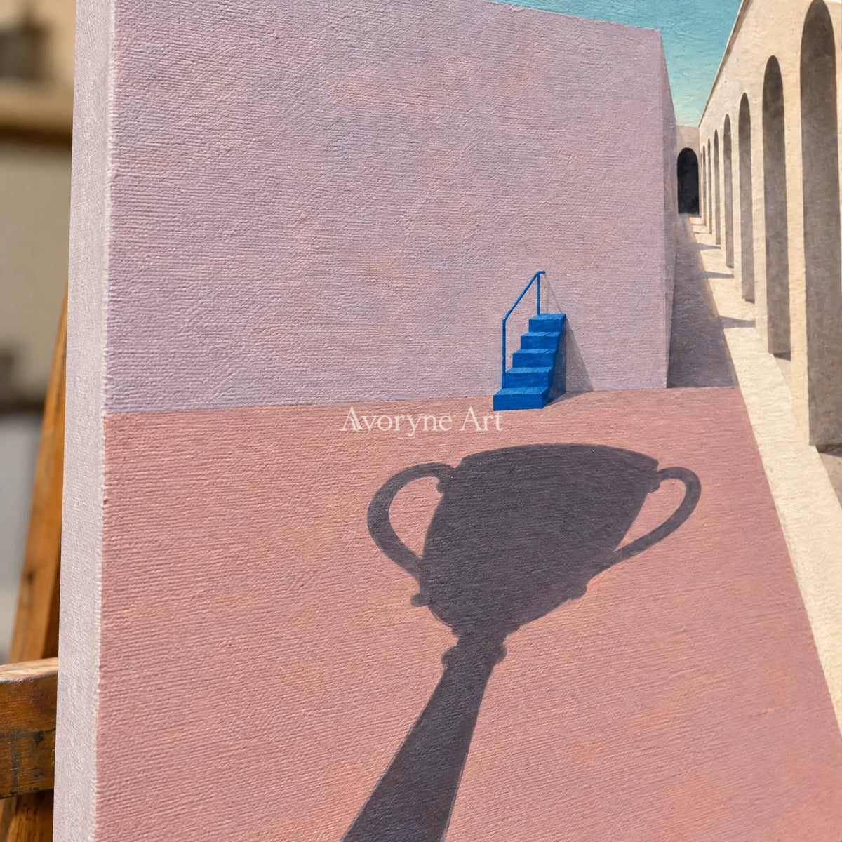 Close-up of the hand-painted texture of Lucent Vista surreal scene wall art on an easel