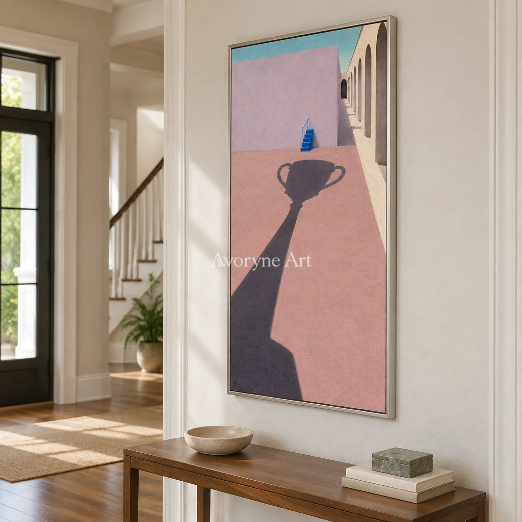 Lucent Vista surreal scene wall art with a silver frame in an entryway