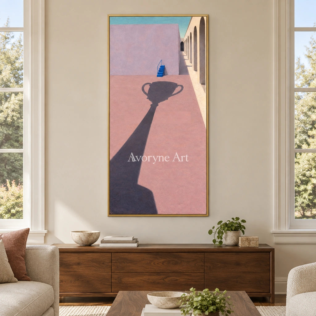 Lucent Vista surreal scene wall art with a gold frame hanging in a living room