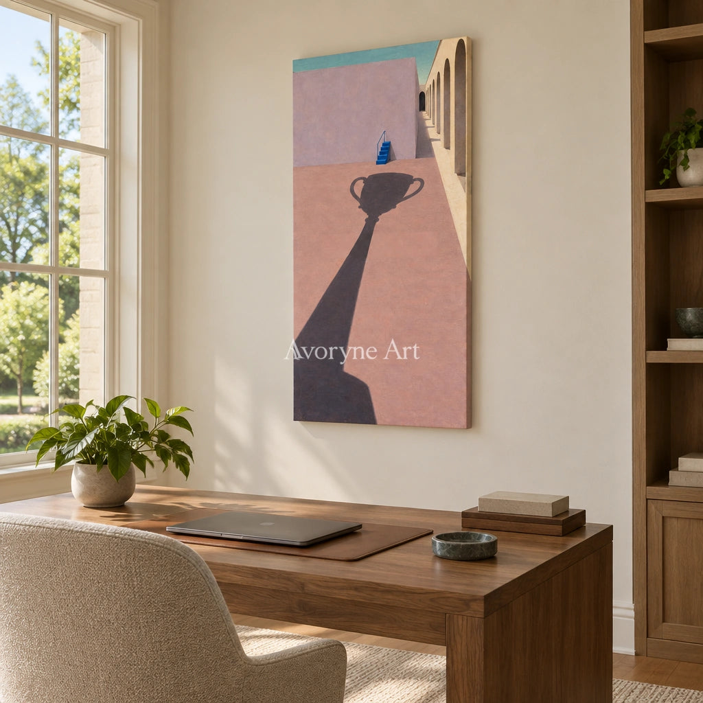 Lucent Vista surreal scene wall art as a frameless stretched canvas in a home office
