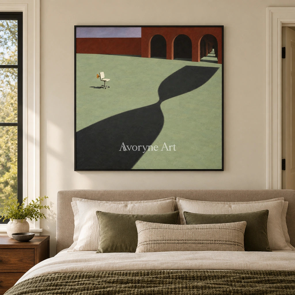 Lucent Solace surreal scene wall art with a black frame above a bed in a bedroom