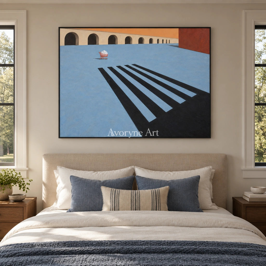 Lucent Dialogue surreal scene wall art with a black frame above a bed in a bedroom