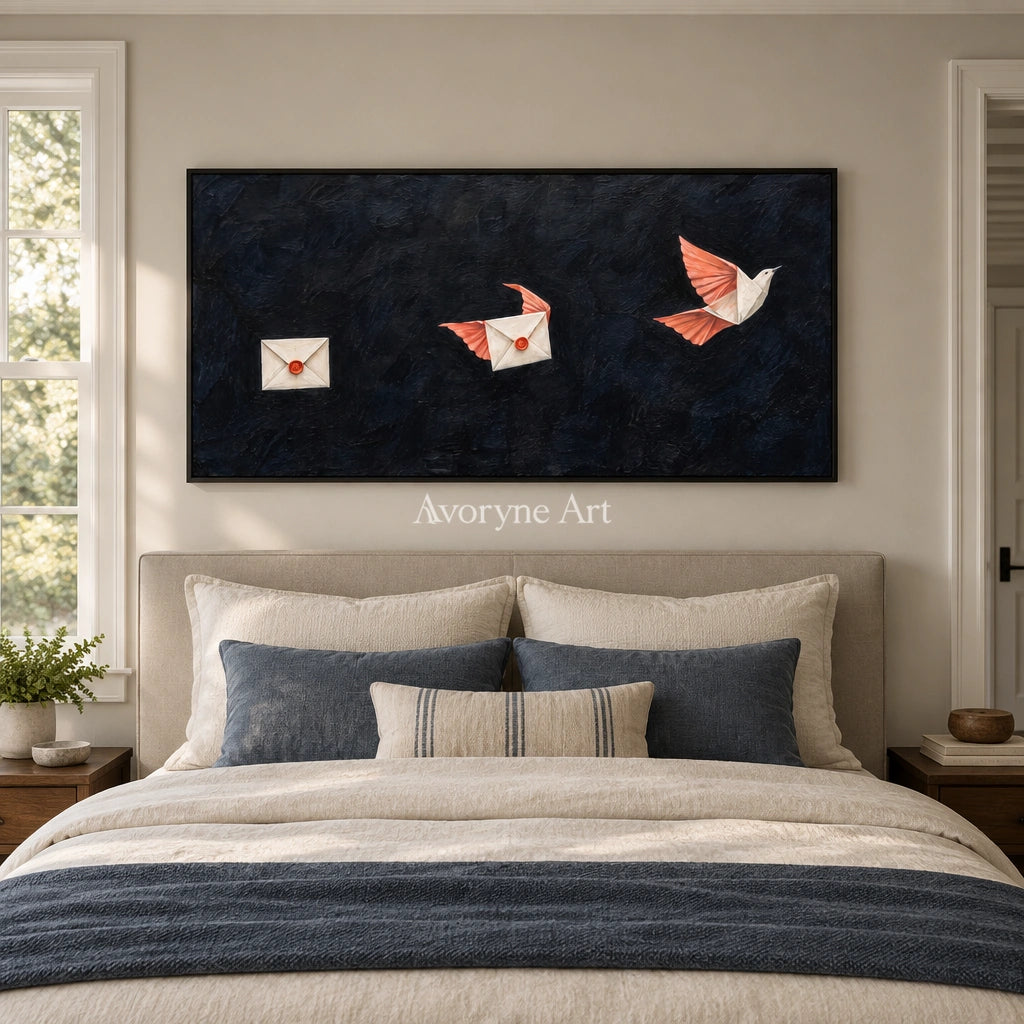 Still Cadence surreal scene wall art with a black frame above a bed in a bedroom