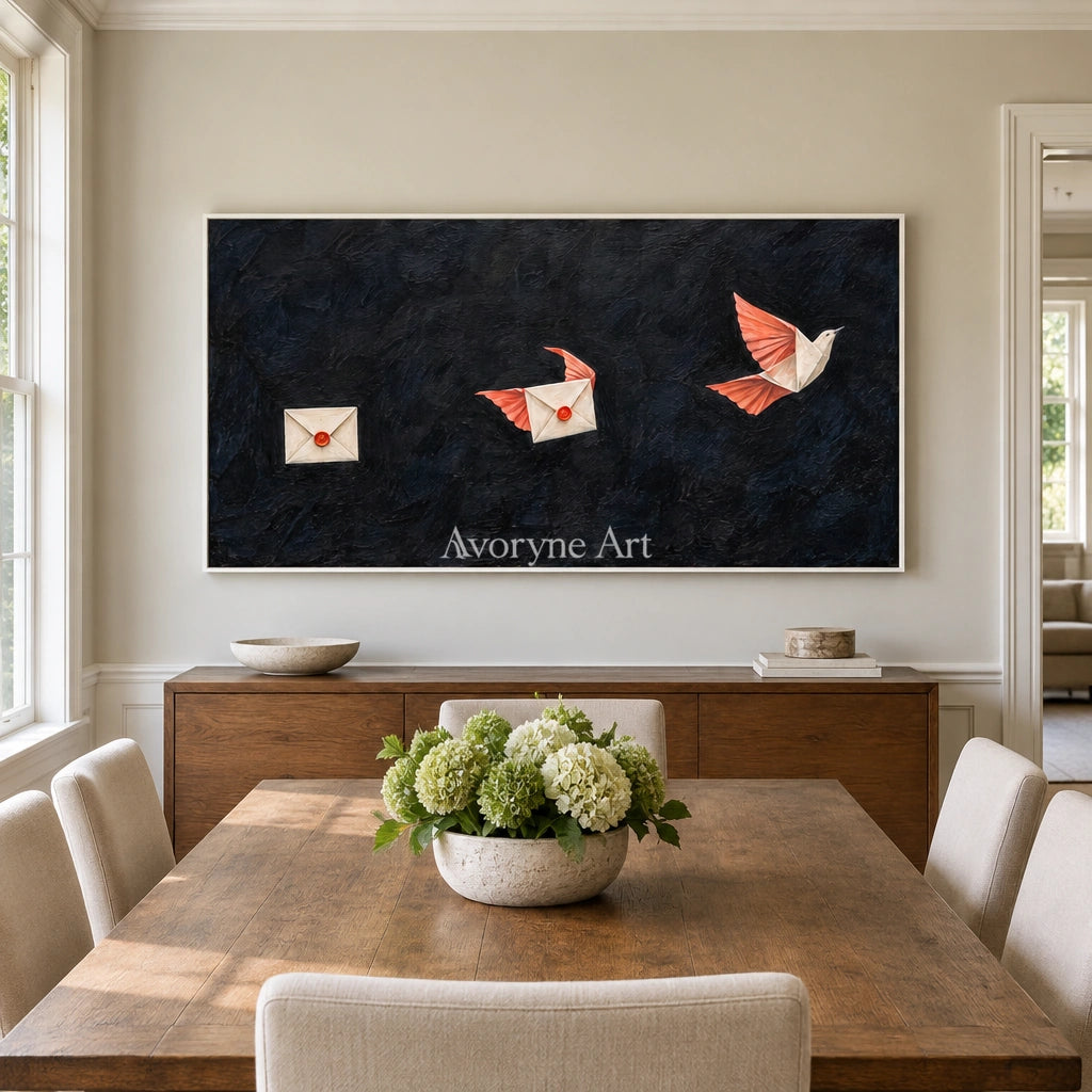 Still Cadence surreal scene wall art with a white frame in a dining room
