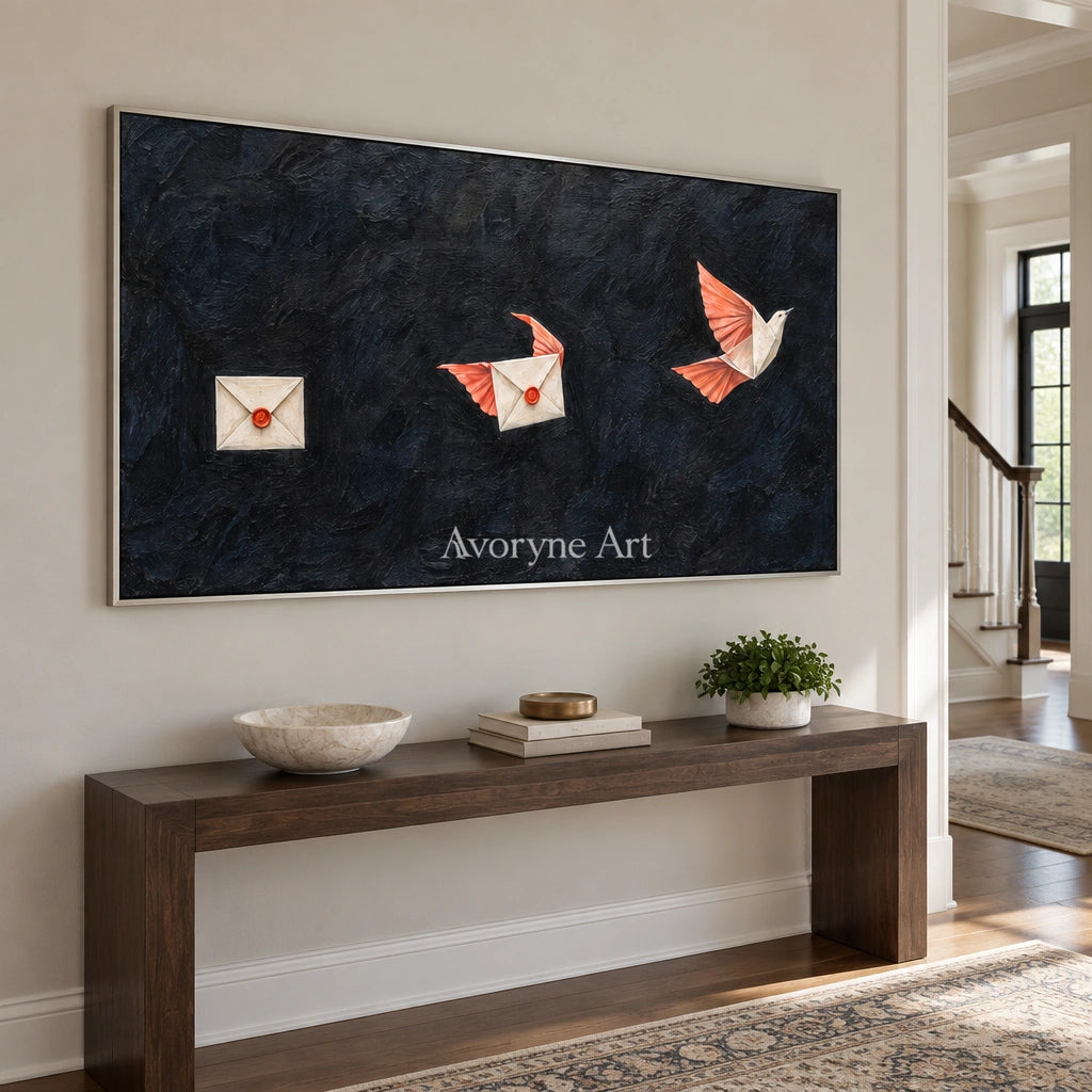 Still Cadence surreal scene wall art with a silver frame in an entryway