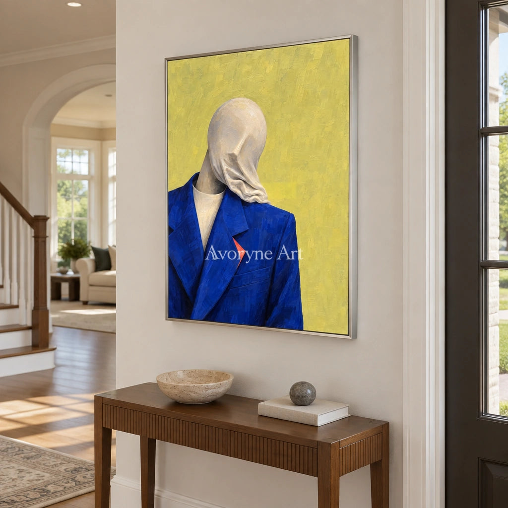Still Gesture surreal scene wall art with a silver frame in an entryway