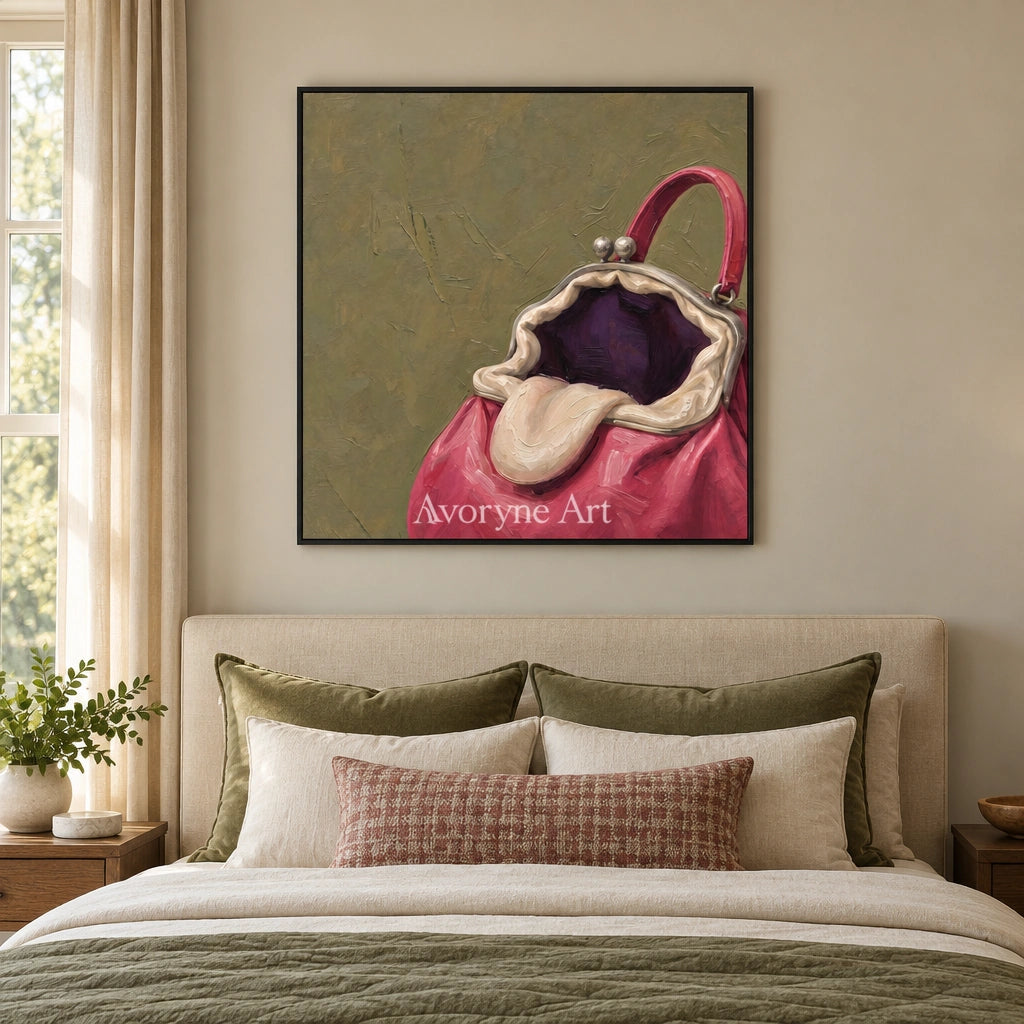 Still Drift surreal scene wall art with a black frame above a bed in a bedroom