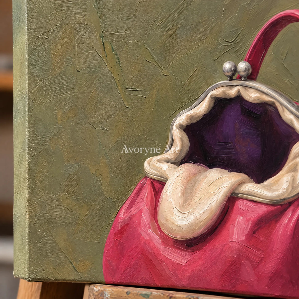 Close-up of the hand-painted texture of Still Drift surreal scene wall art on an easel