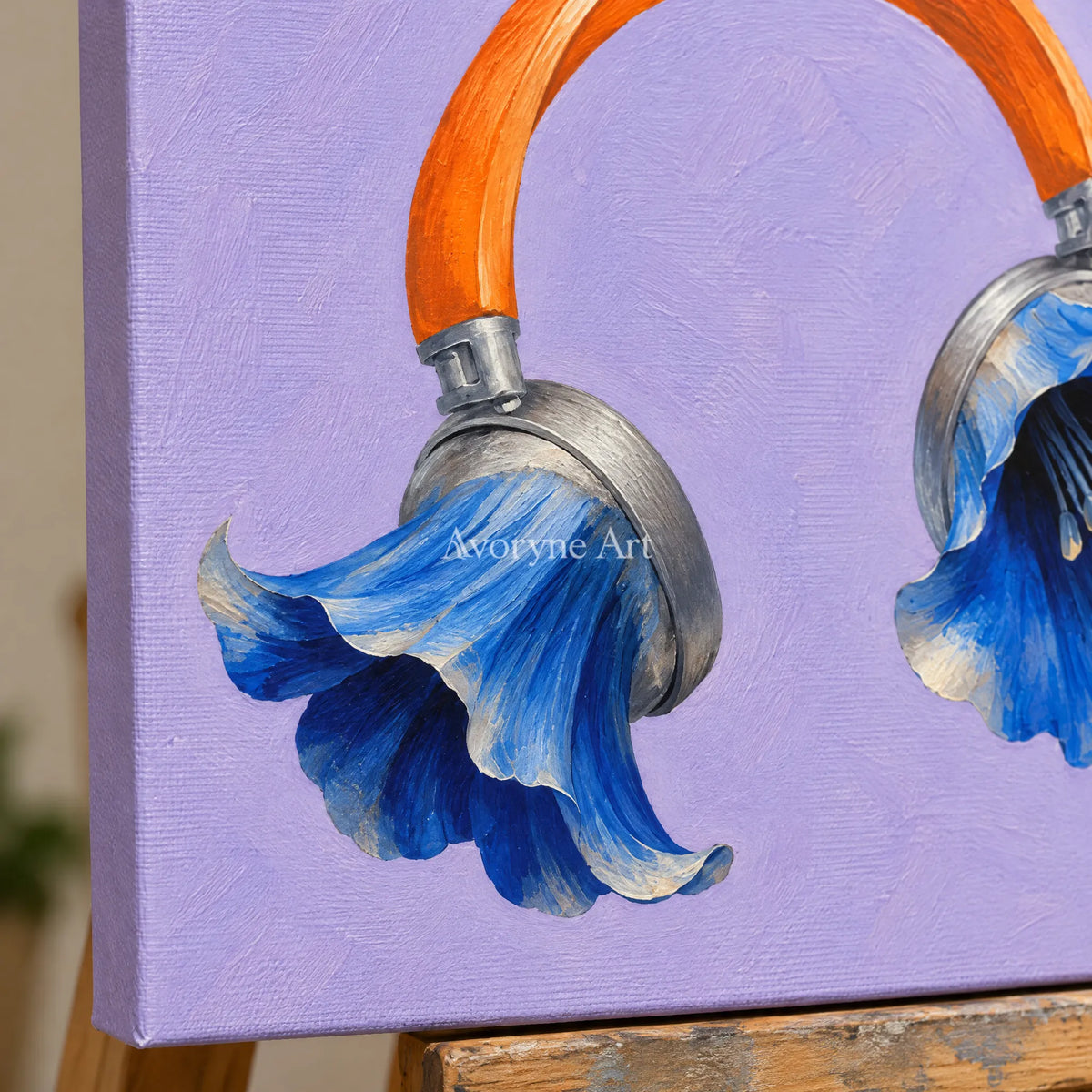 Close-up of the hand-painted texture of Still Verse surreal scene wall art on an easel