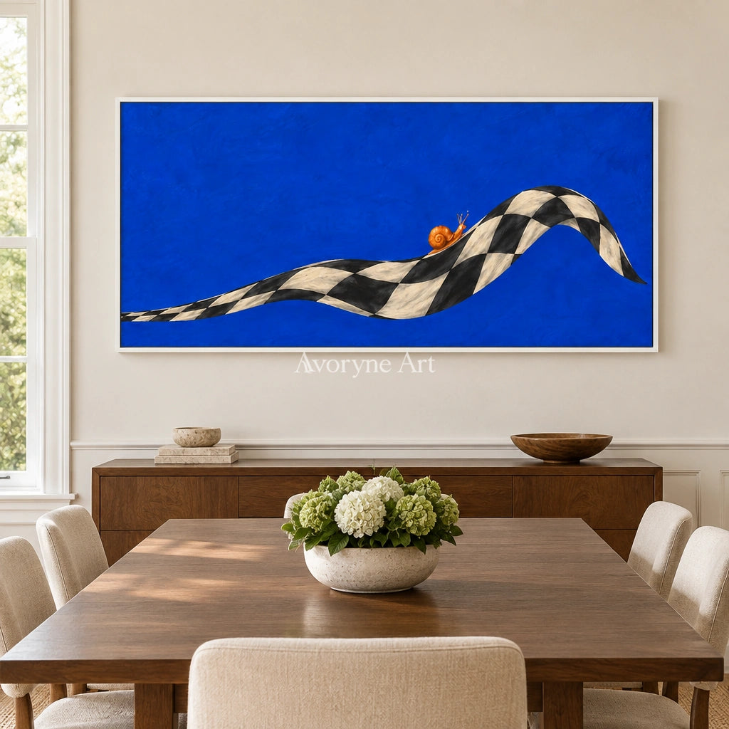 Still Prelude surreal scene wall art with a white frame in a dining room