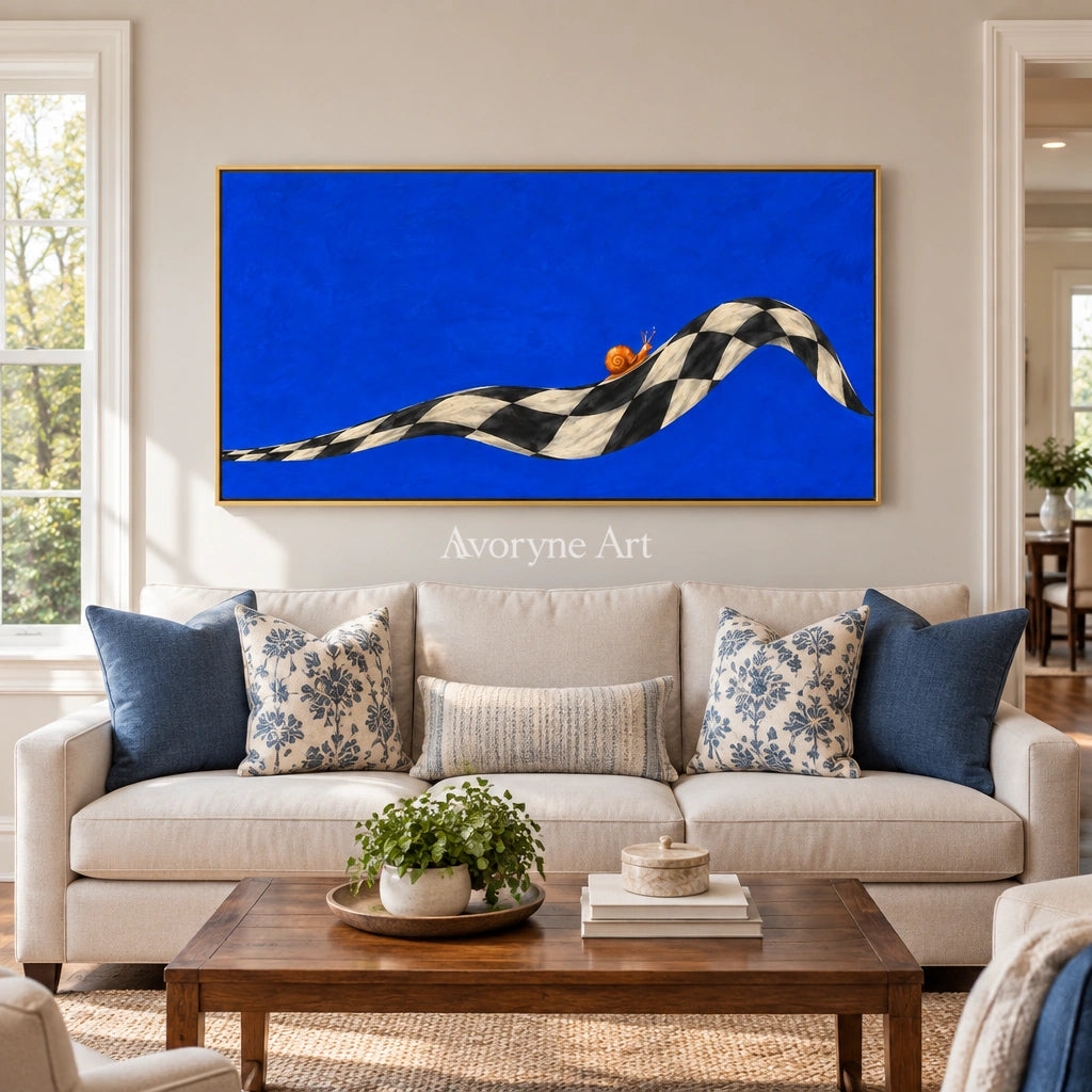 Still Prelude surreal scene wall art with a gold frame hanging in a living room