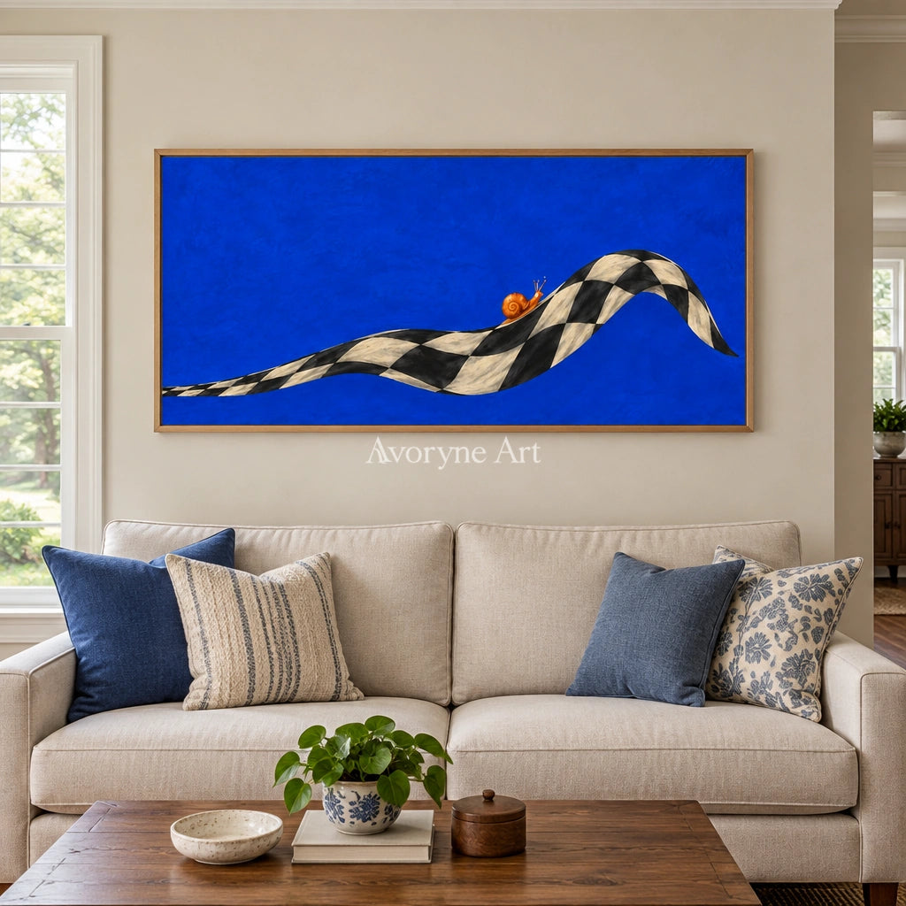 Still Prelude surreal scene wall art with a wood frame in a villa living space