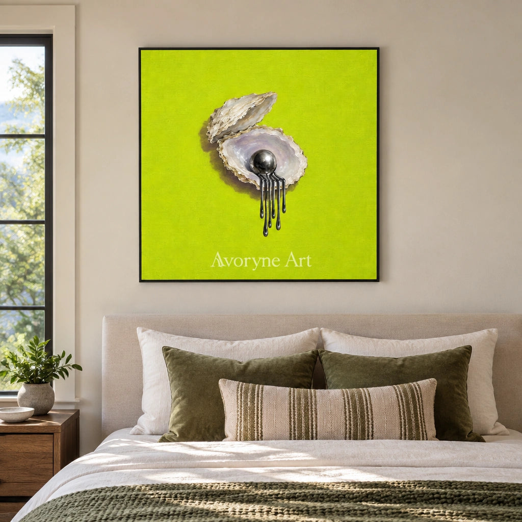 Still Current surreal scene wall art with a black frame above a bed in a bedroom