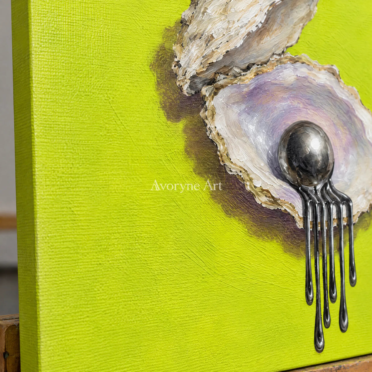 Close-up of the hand-painted texture of Still Current surreal scene wall art on an easel