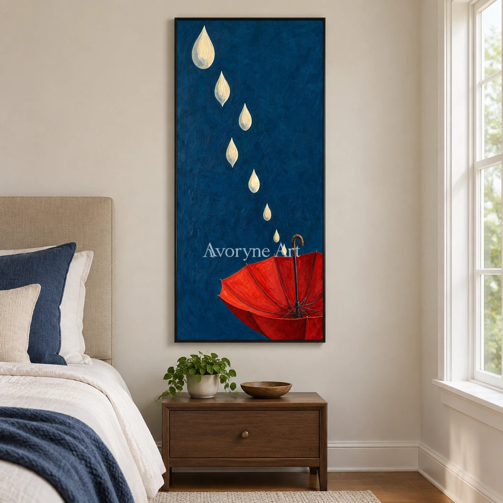 Still Reverberation surreal scene wall art with a black frame above a bed in a bedroom