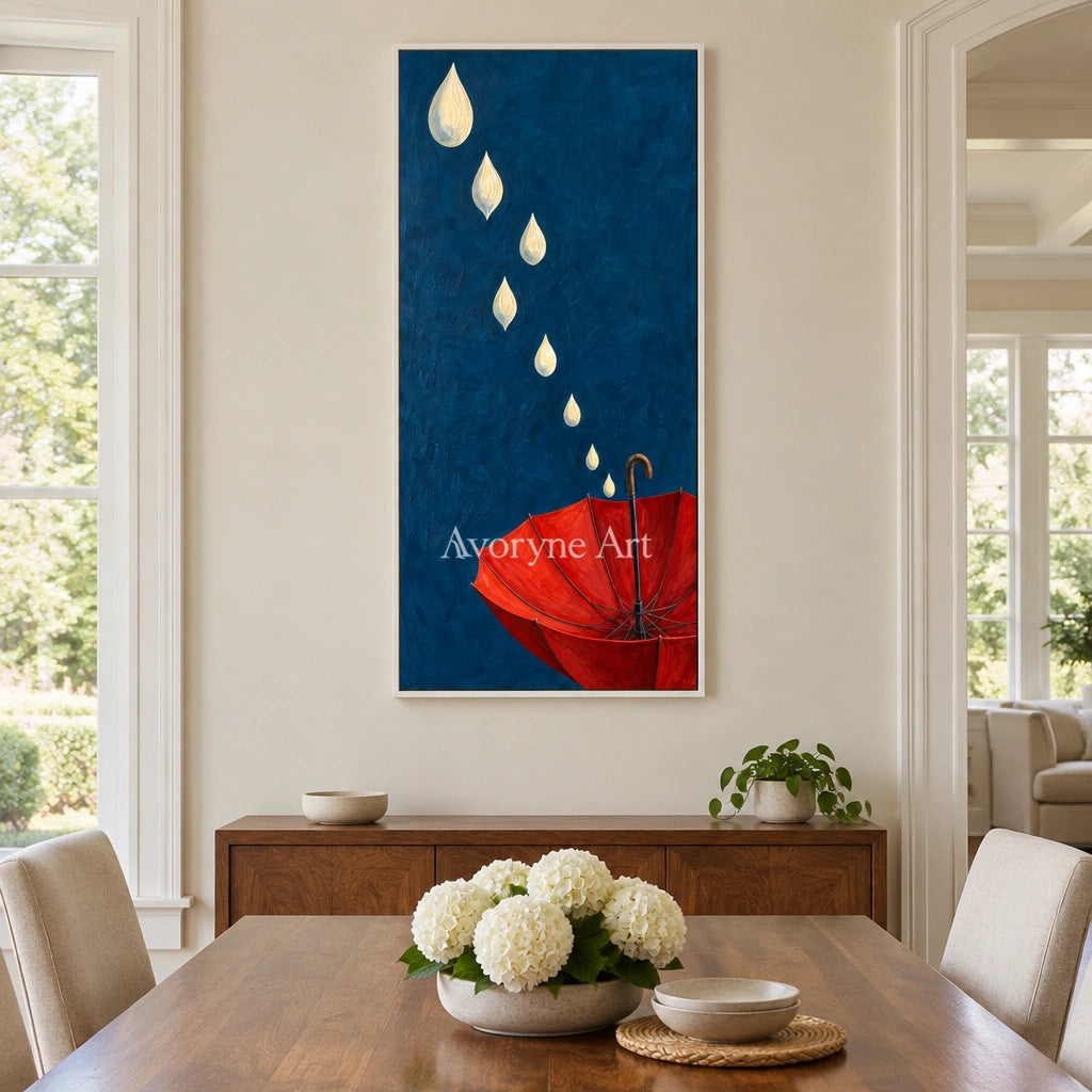 Still Reverberation surreal scene wall art with a white frame in a dining room
