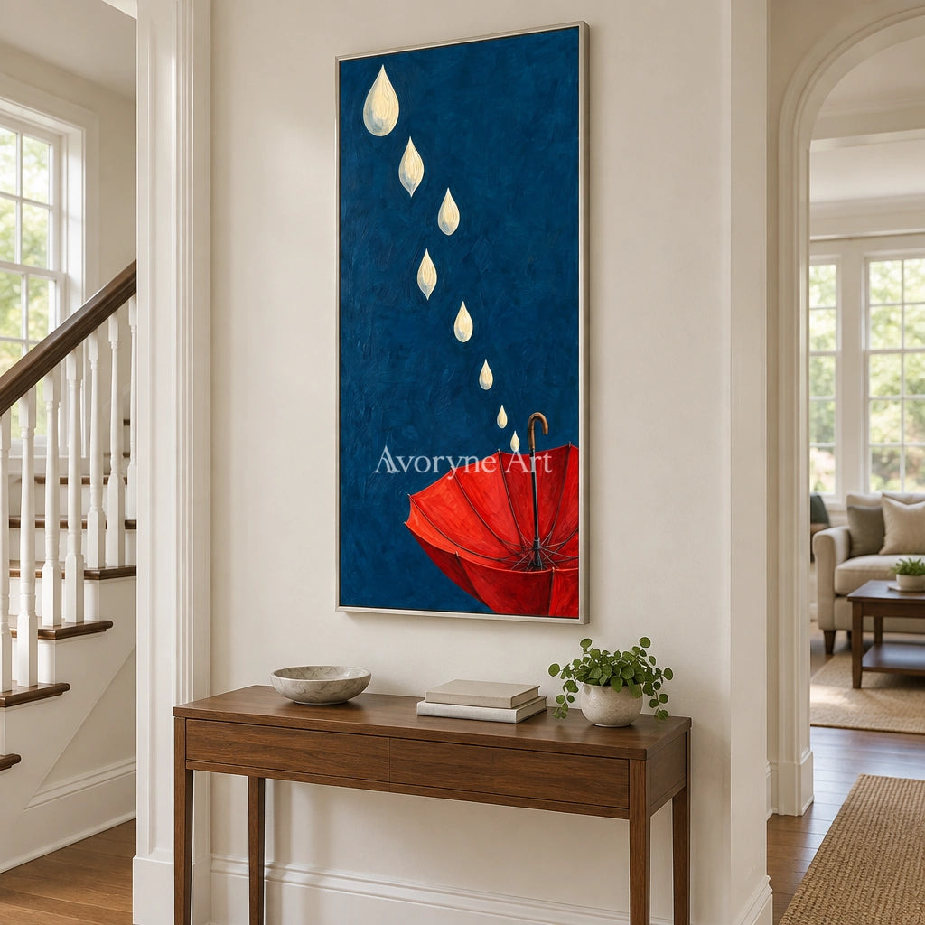 Still Reverberation surreal scene wall art with a silver frame in an entryway