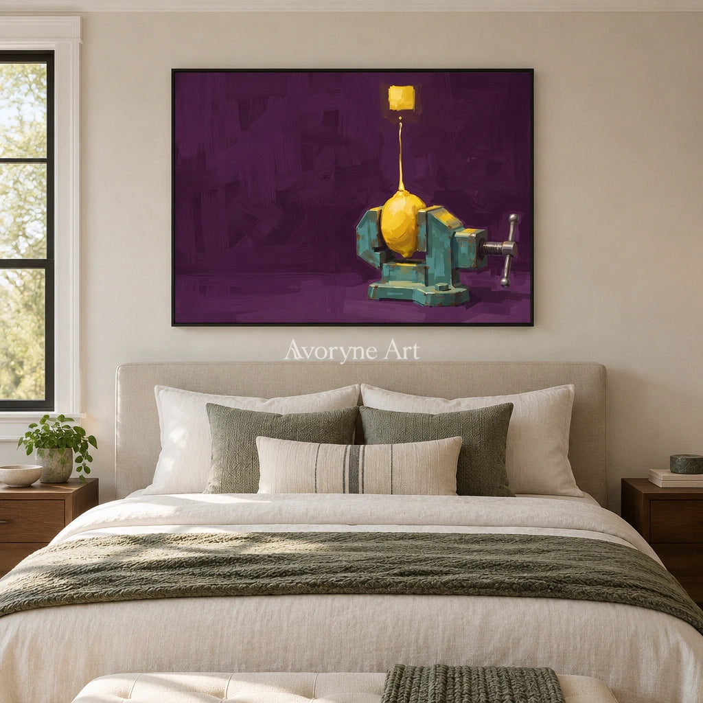 Tender Cadence surreal scene wall art with a black frame above a bed in a bedroom