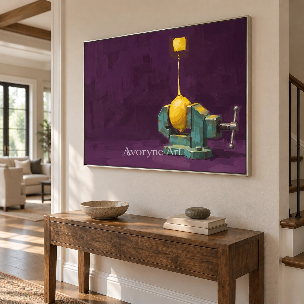 Tender Cadence surreal scene wall art with a silver frame in an entryway