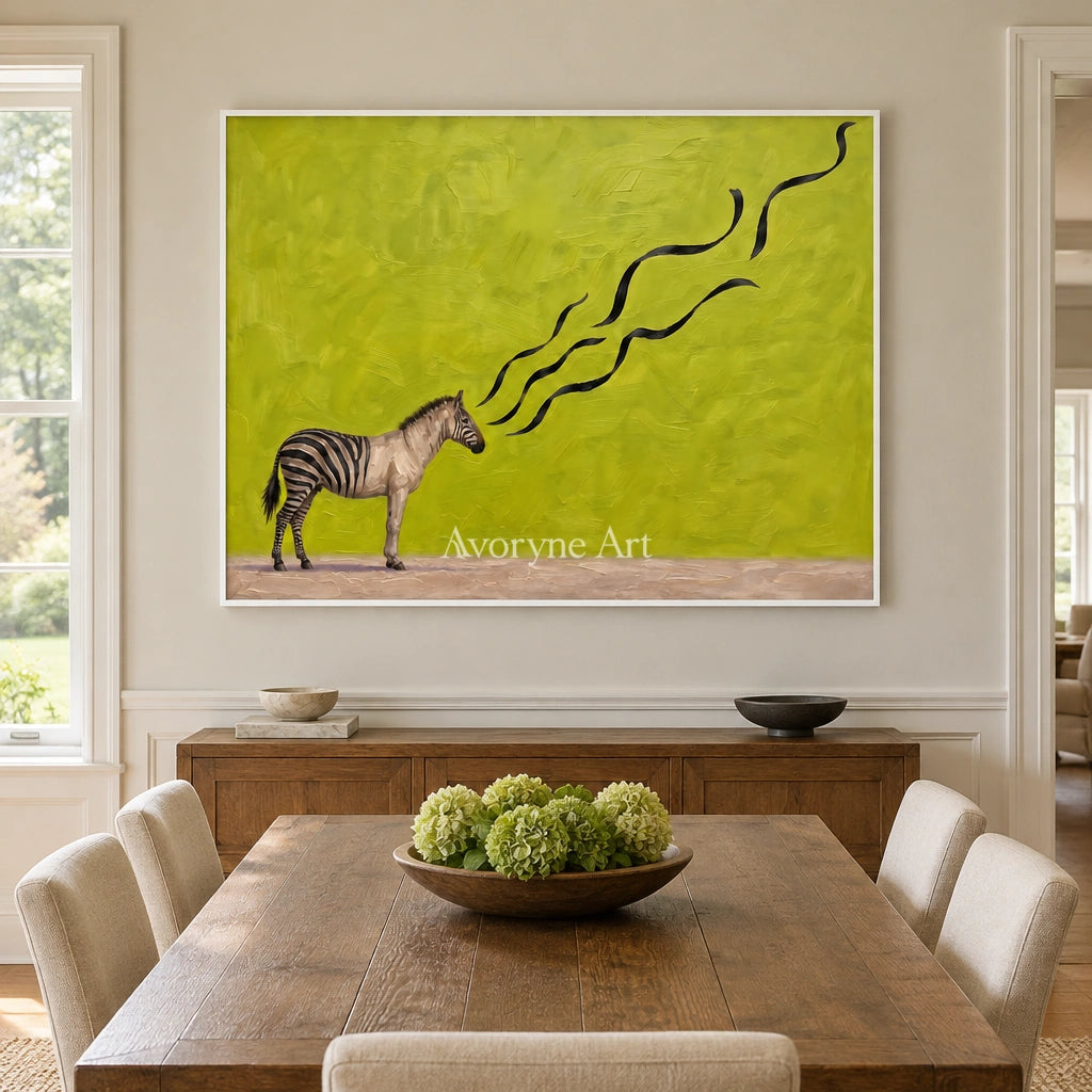 Tender Story surreal scene wall art with a white frame in a dining room
