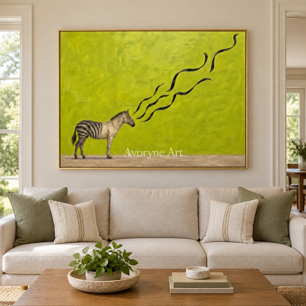 Tender Story surreal scene wall art with a gold frame hanging in a living room