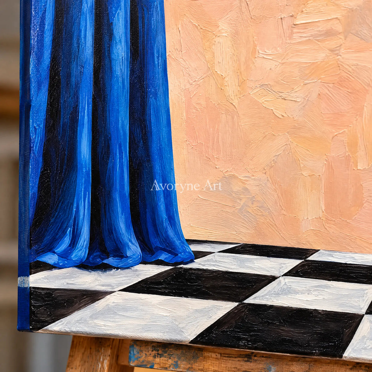 Close-up of the hand-painted texture of Tender Solace surreal scene wall art on an easel