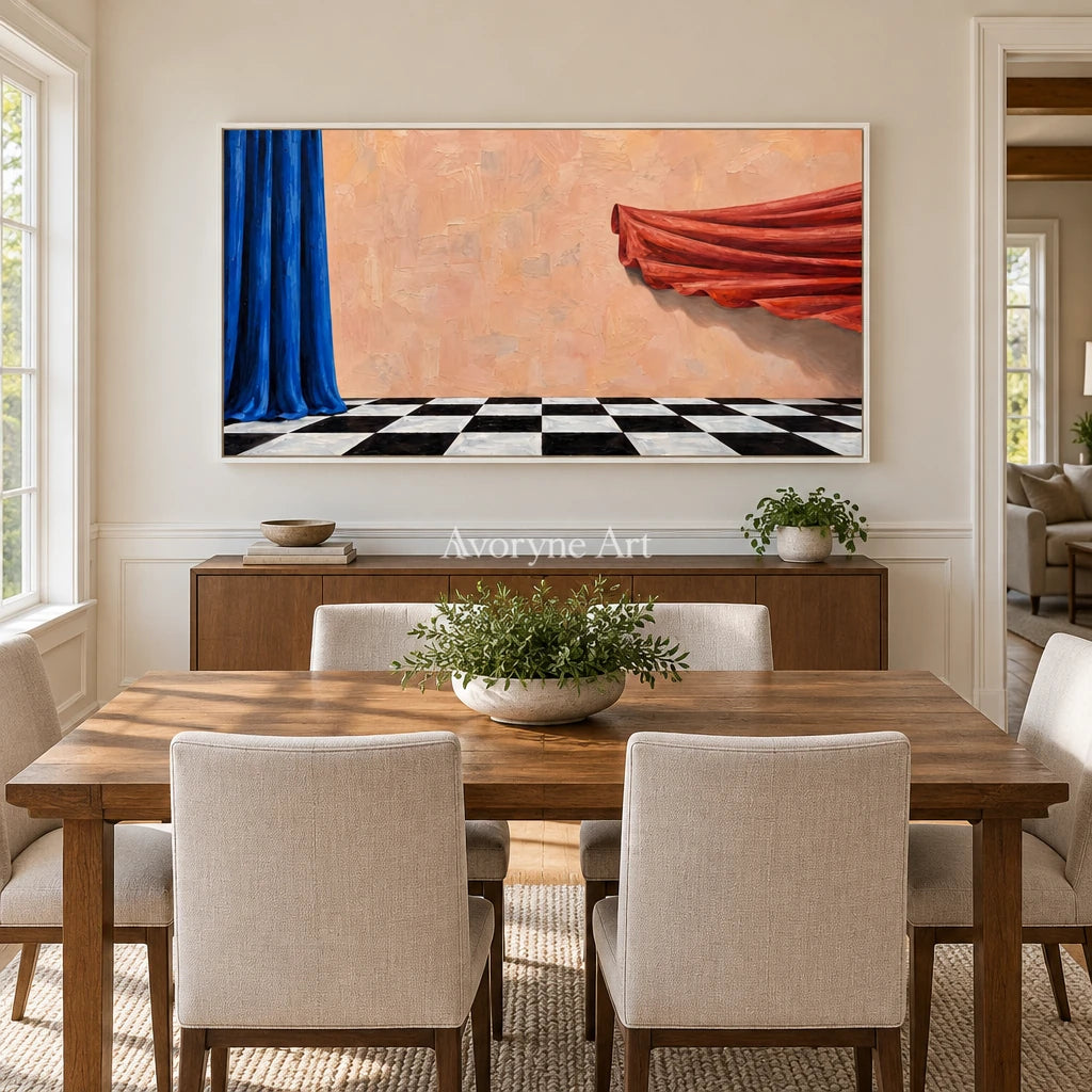 Tender Solace surreal scene wall art with a white frame in a dining room