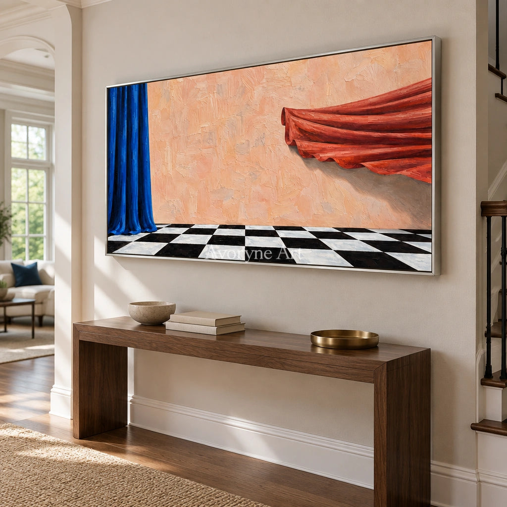 Tender Solace surreal scene wall art with a silver frame in an entryway