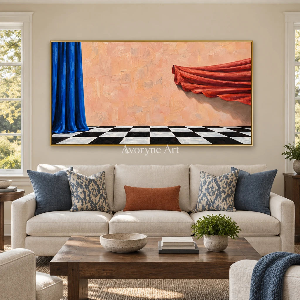 Tender Solace surreal scene wall art with a gold frame hanging in a living room