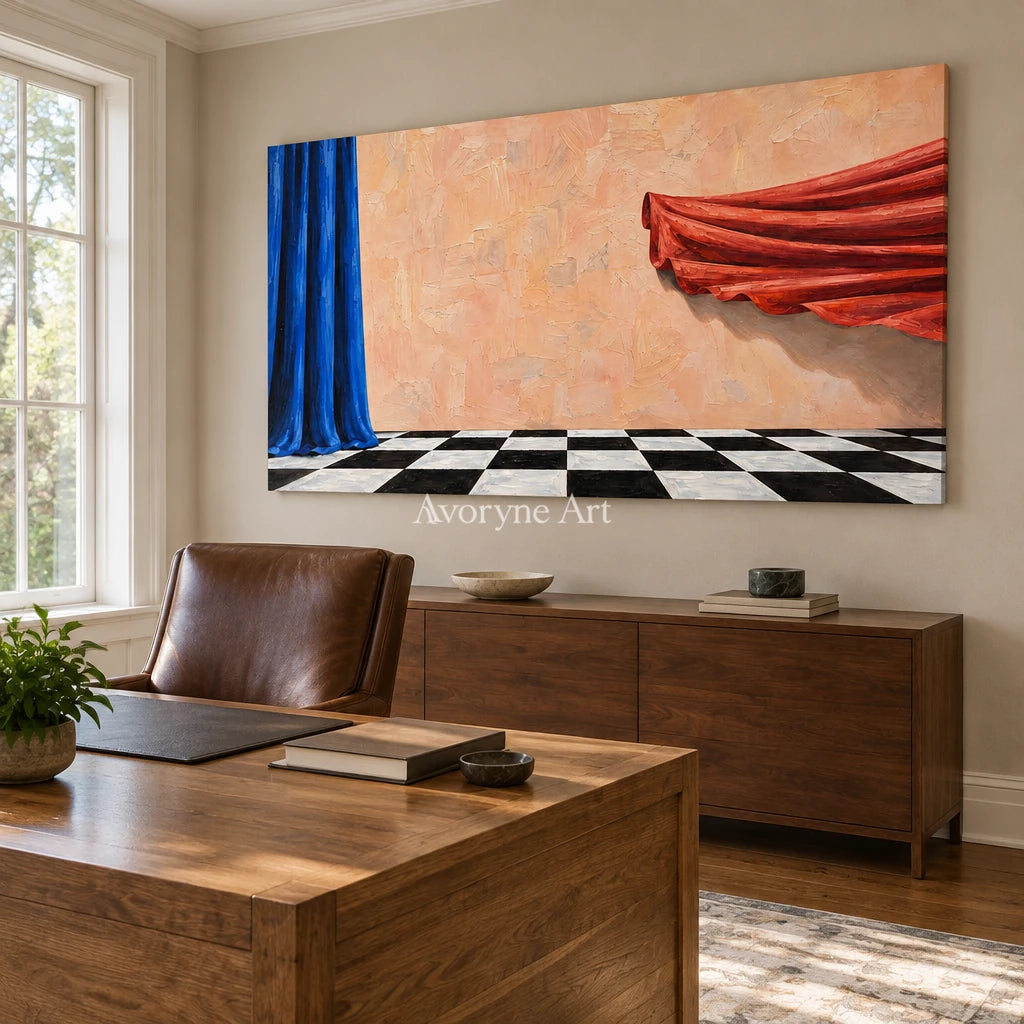 Tender Solace surreal scene wall art as a frameless stretched canvas in a home office
