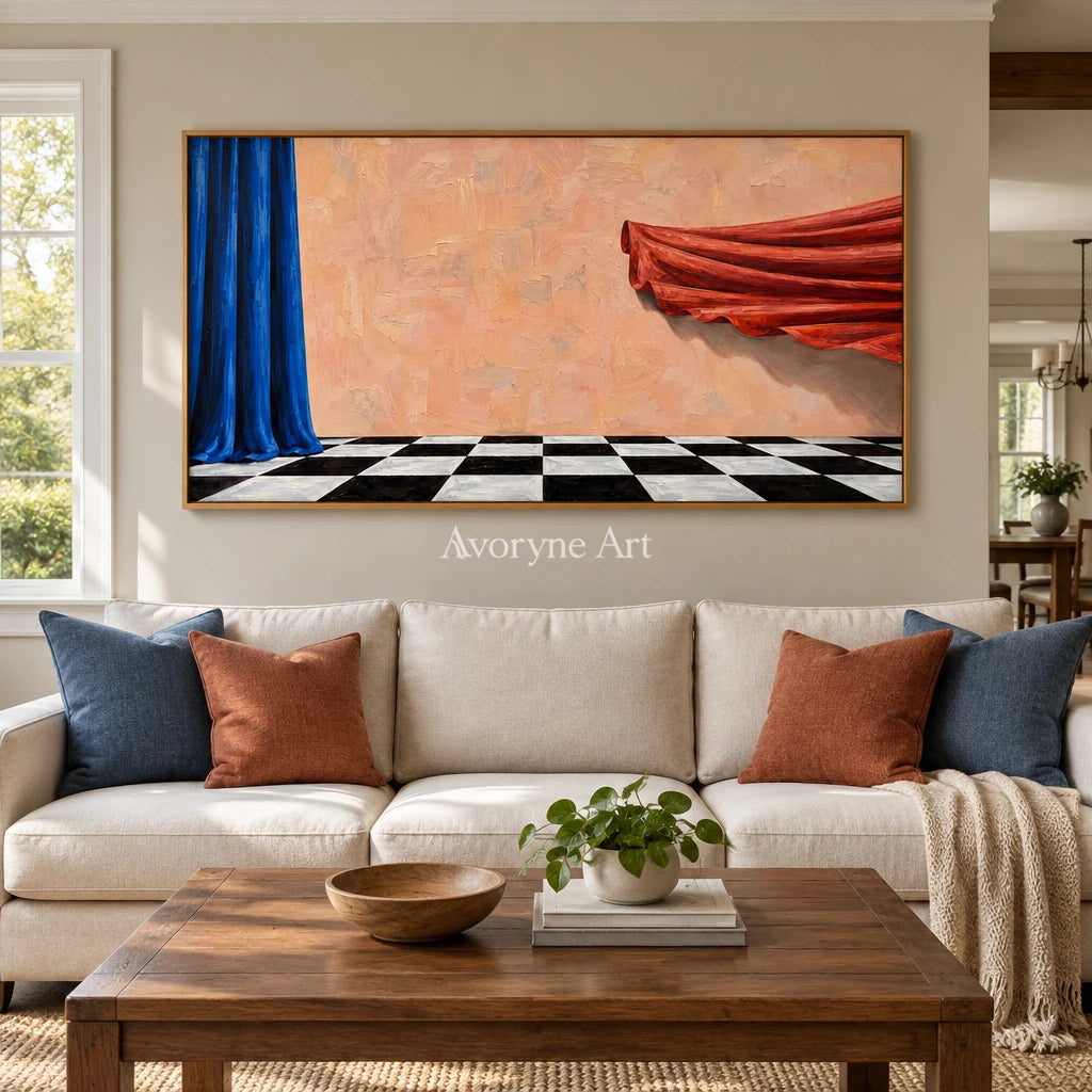 Tender Solace surreal scene wall art with a wood frame in a villa living space