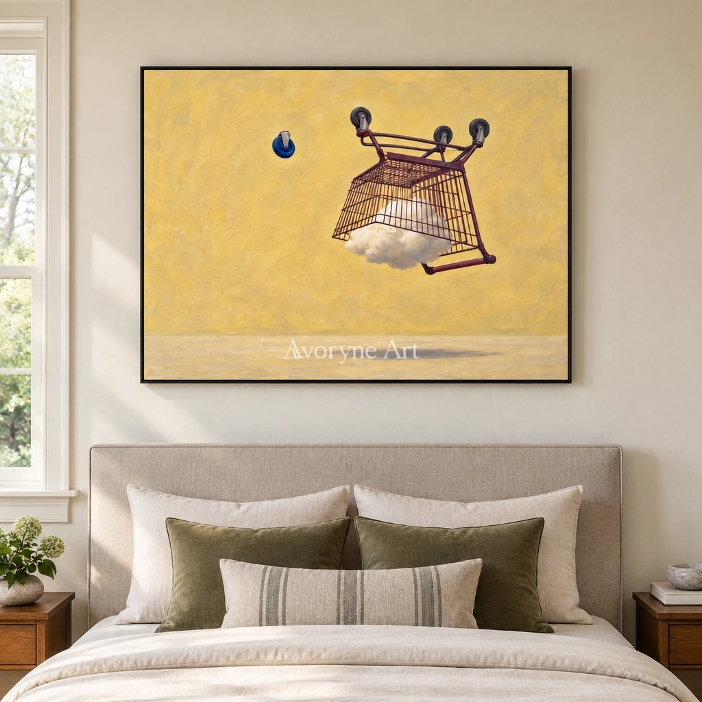 Tender Reverberation surreal scene wall art with a black frame above a bed in a bedroom