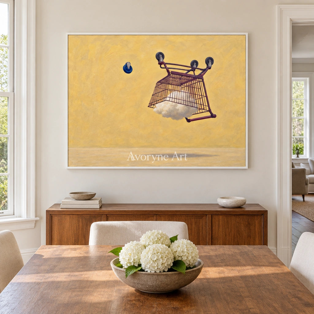 Tender Reverberation surreal scene wall art with a white frame in a dining room