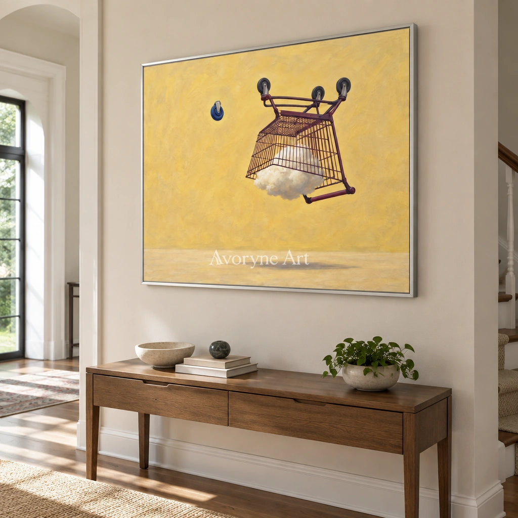 Tender Reverberation surreal scene wall art with a silver frame in an entryway