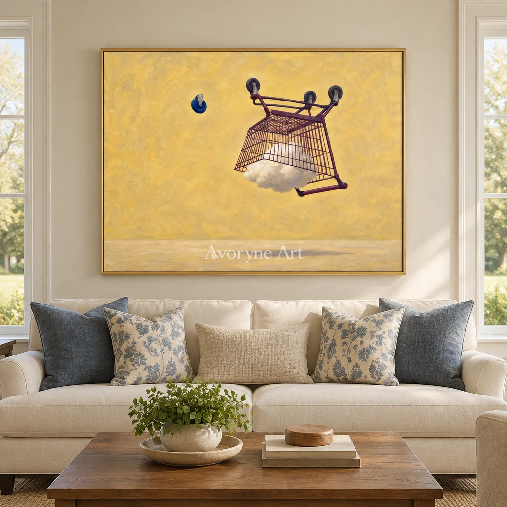 Tender Reverberation surreal scene wall art with a gold frame hanging in a living room