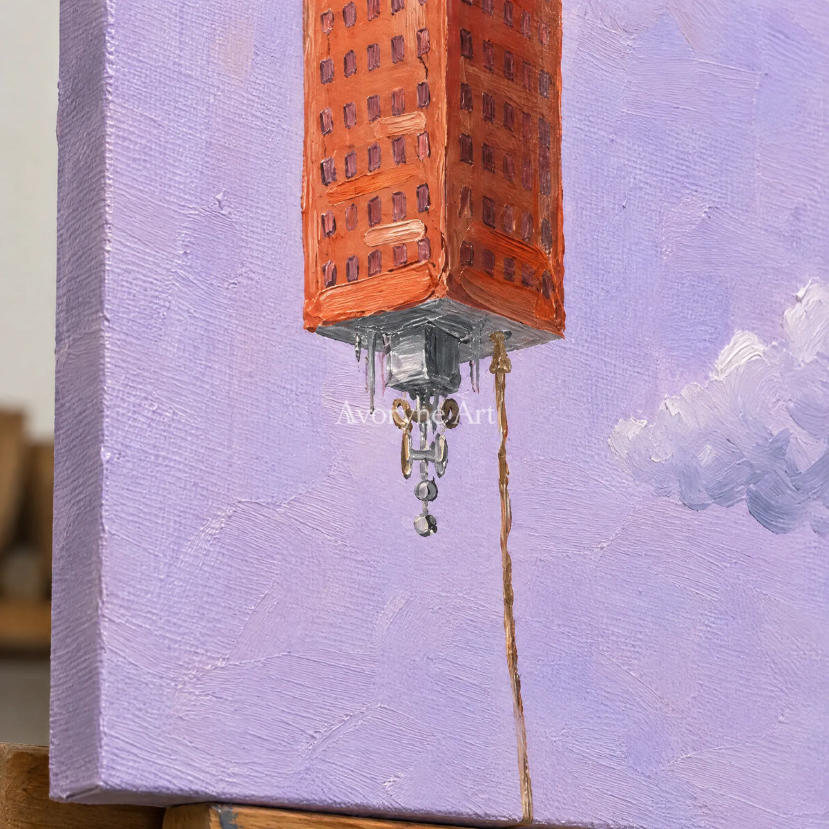 Close-up of the hand-painted texture of Tender Dialogue surreal scene wall art on an easel