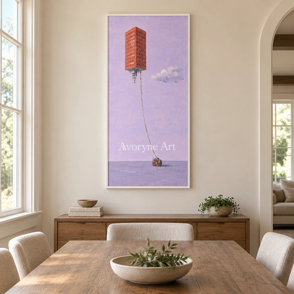Tender Dialogue surreal scene wall art with a white frame in a dining room