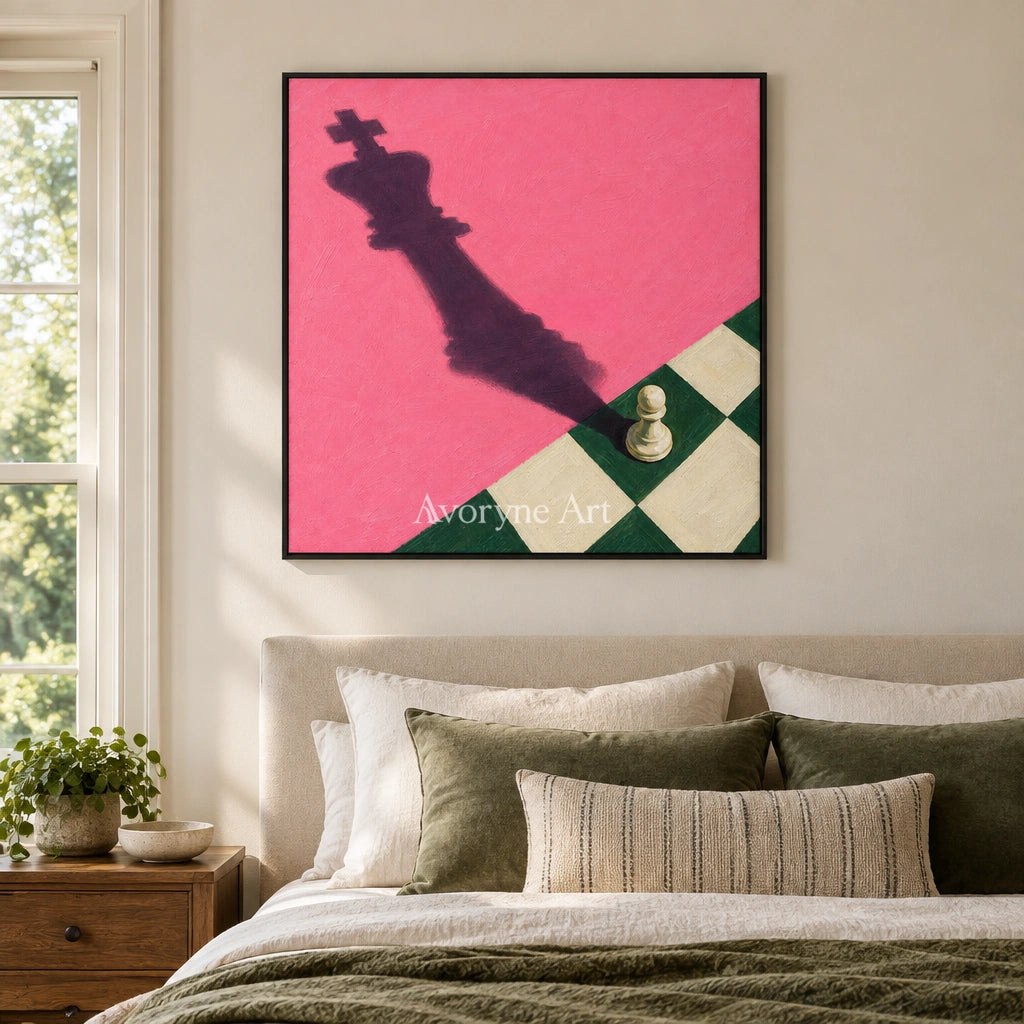 Bright Cadence surreal scene wall art with a black frame above a bed in a bedroom