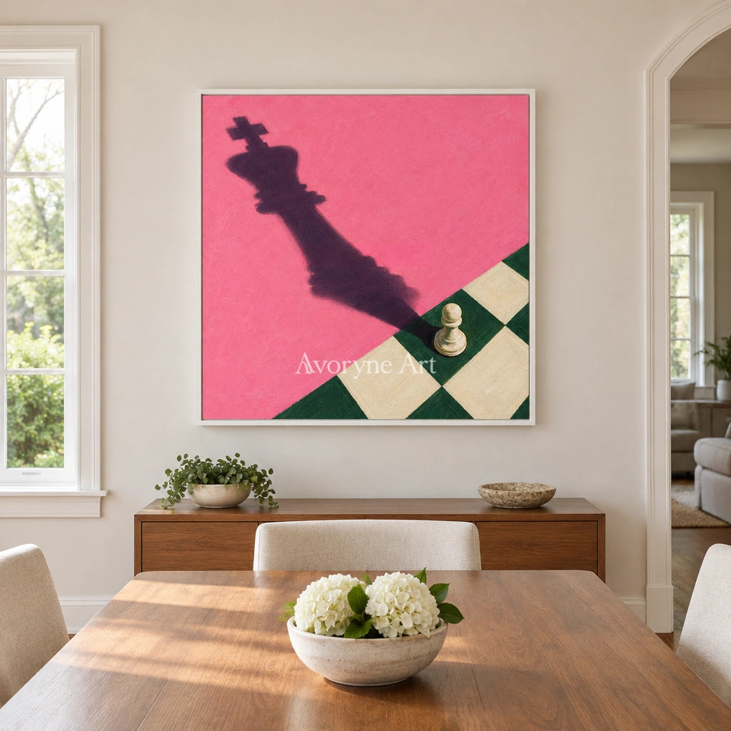 Bright Cadence surreal scene wall art with a white frame in a dining room