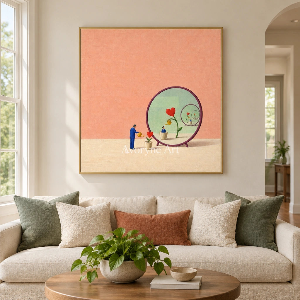 Bright Passage surreal scene wall art with a gold frame hanging in a living room
