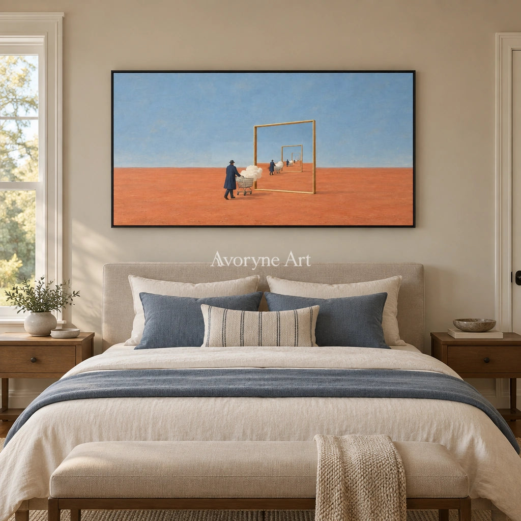 Bright Reverie surreal scene wall art with a black frame above a bed in a bedroom