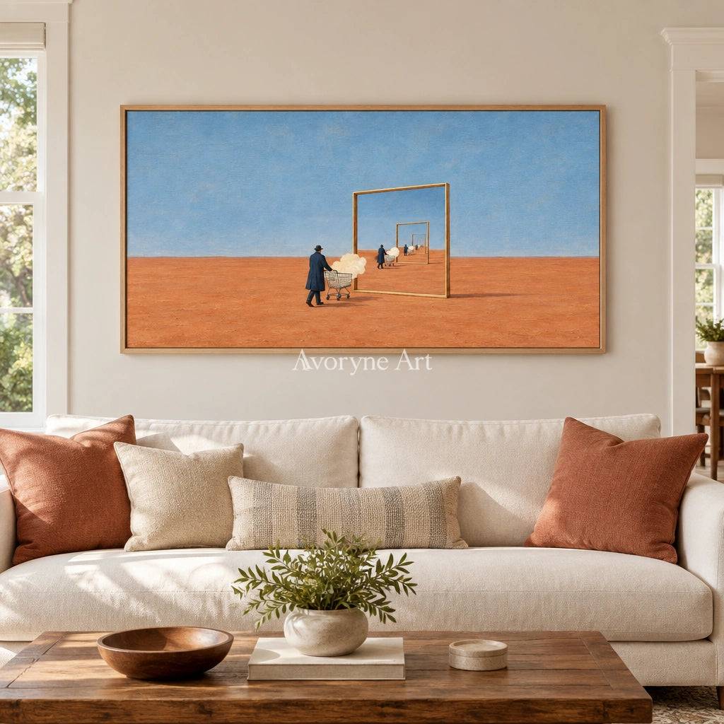 Bright Reverie surreal scene wall art with a wood frame in a villa living space