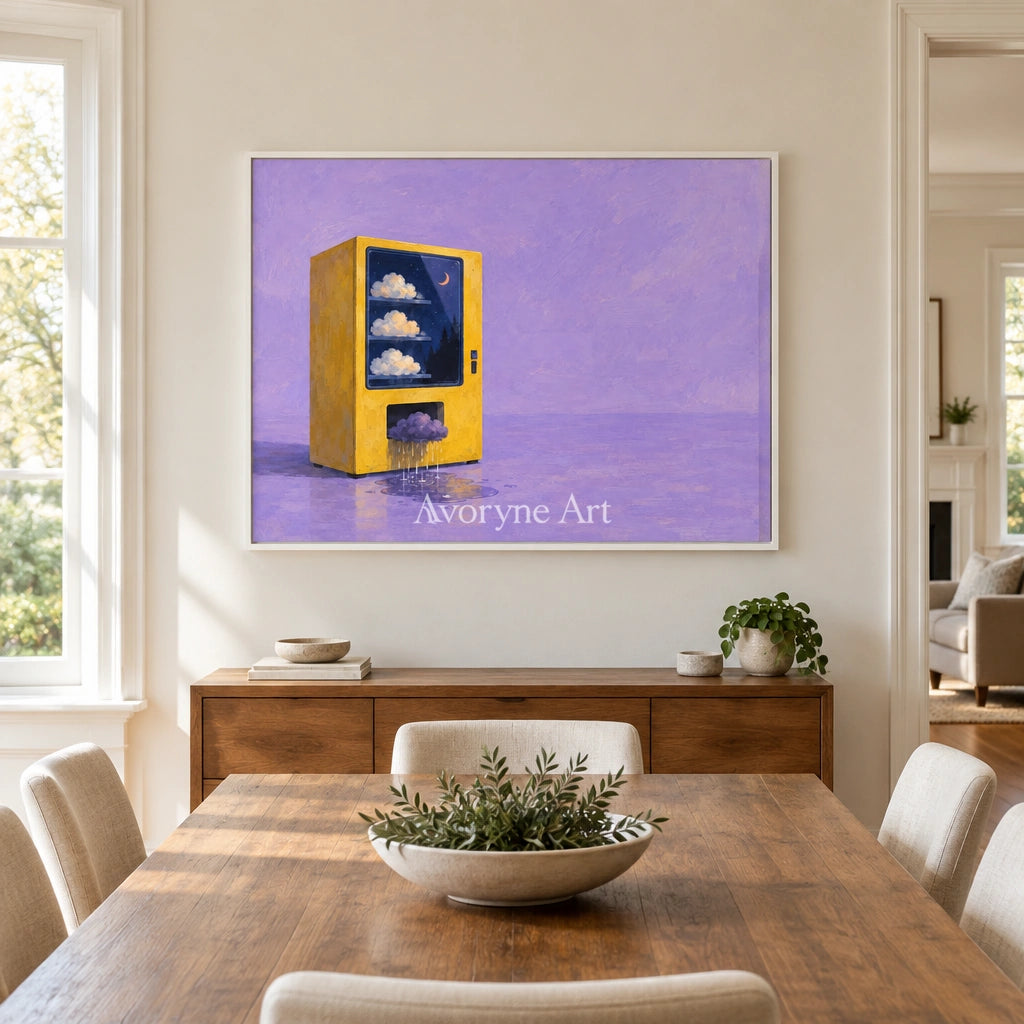 Bright Interval surreal scene wall art with a white frame in a dining room