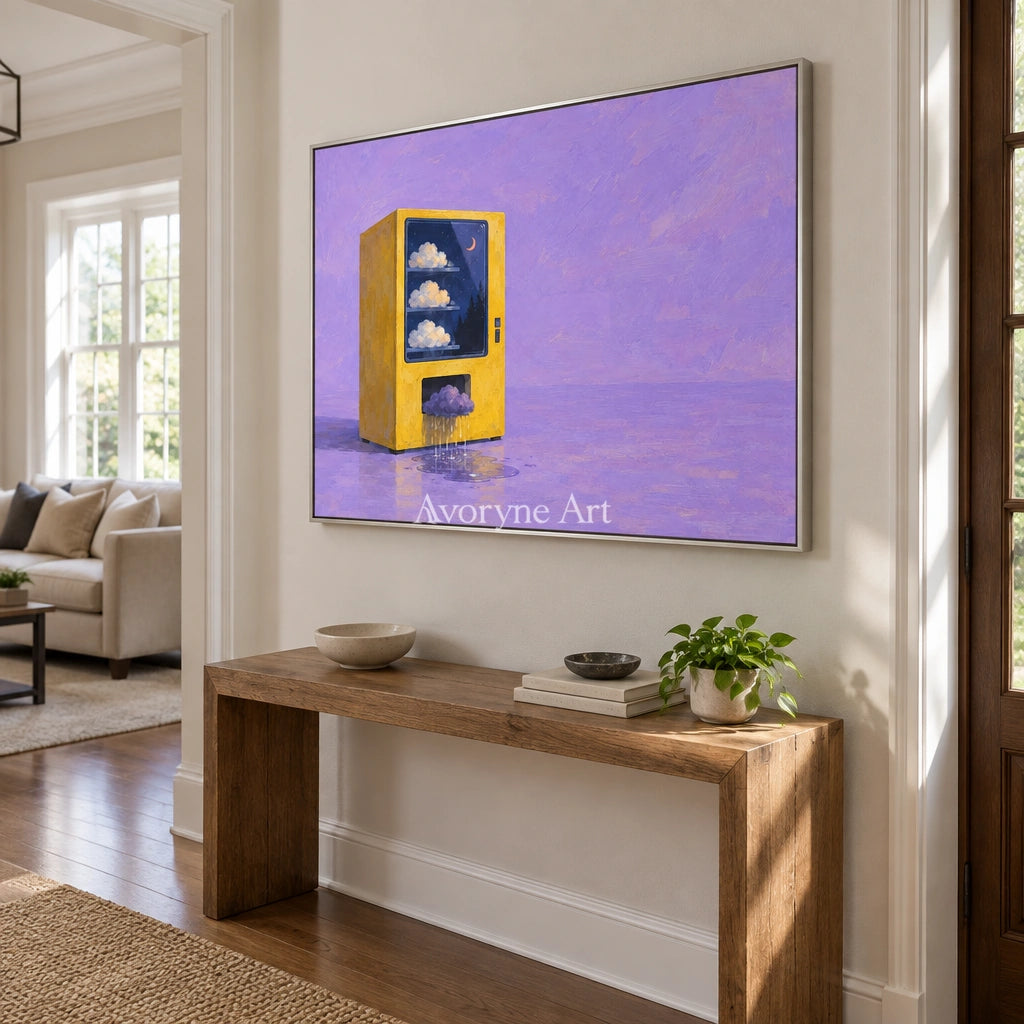 Bright Interval surreal scene wall art with a silver frame in an entryway