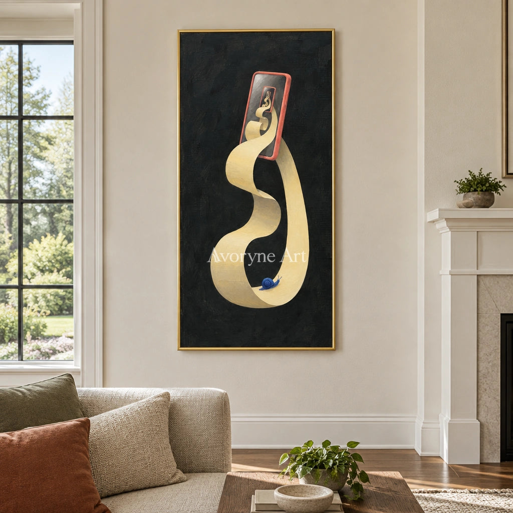 Bright Echo surreal scene wall art with a gold frame hanging in a living room