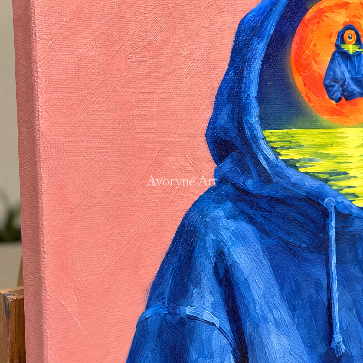 Close-up of the hand-painted texture of Bright Rhythm surreal scene wall art on an easel