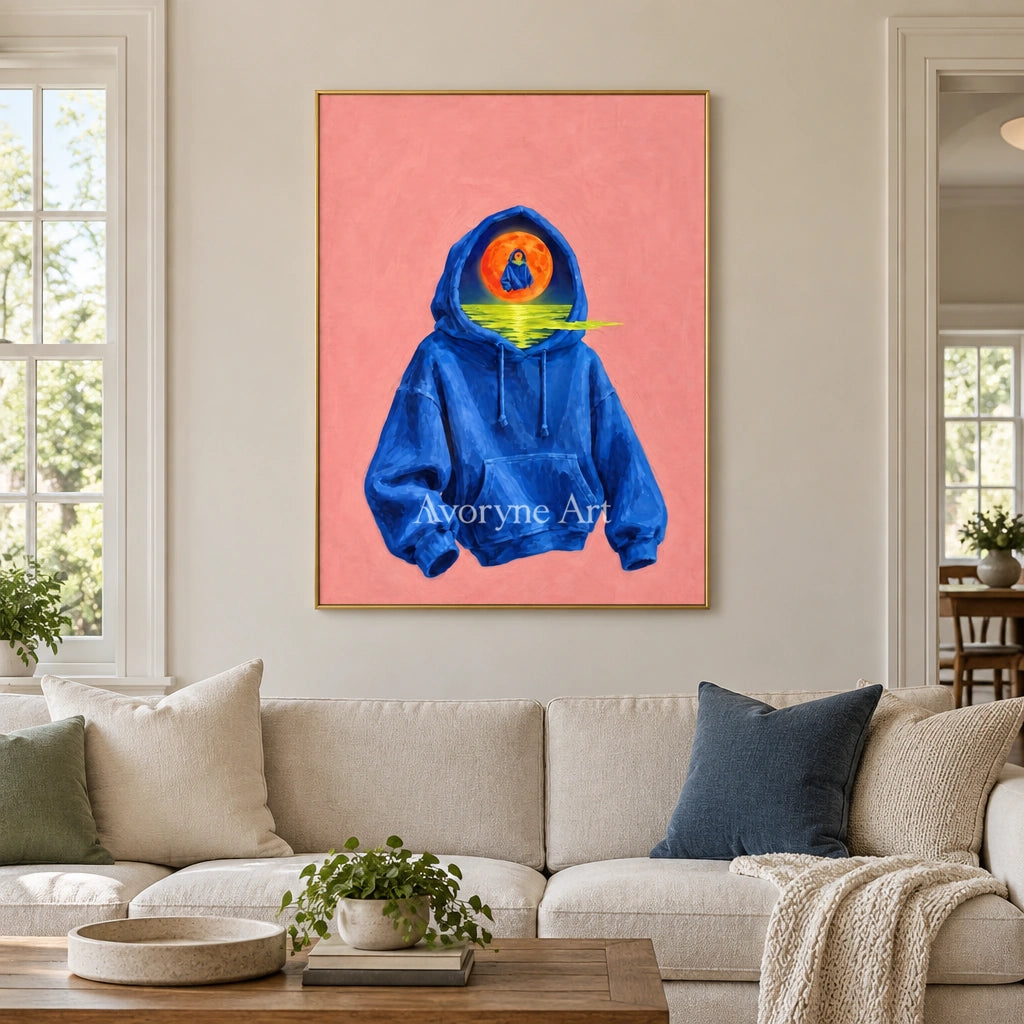 Bright Rhythm surreal scene wall art with a gold frame hanging in a living room